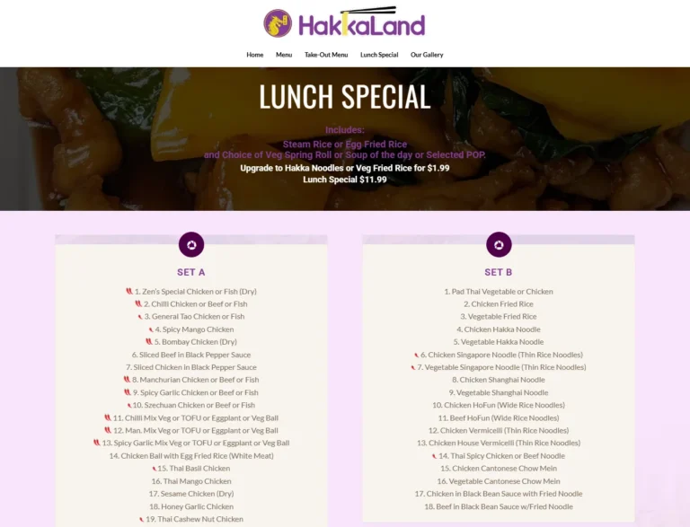 Hakka Land lunch special page showing Set A and Set B options and offer details