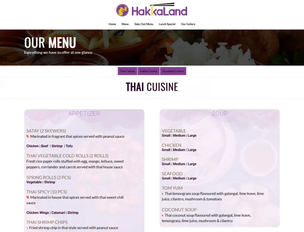 Hakka Land menu page with Thai, Hakka and Guyanese cuisine navigation and readable dish cards