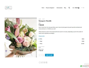 Stargazer Bundle product page with bouquet photograph, price, description, wrapping choices, calculated total, quantity, and Add to Cart button.