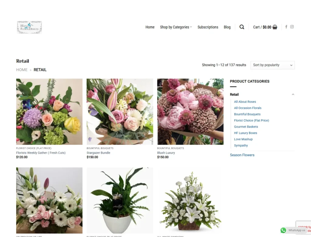 Hana Floral Designs retail catalogue showing floral product cards, prices, sorting, result count, and product-category navigation.