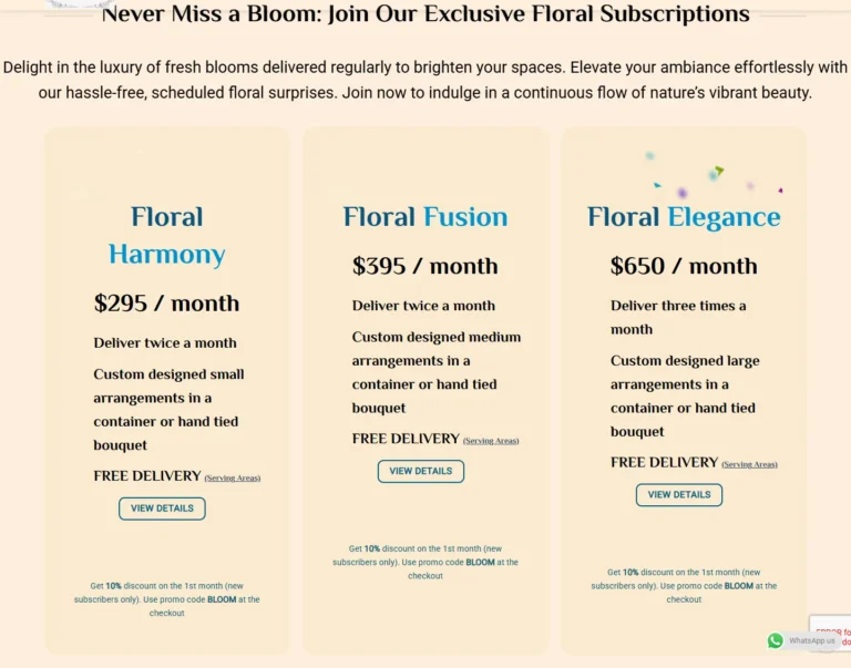 Hana Floral Designs subscription section comparing Floral Harmony, Floral Fusion, and Floral Elegance plans by price, size, and delivery frequency.