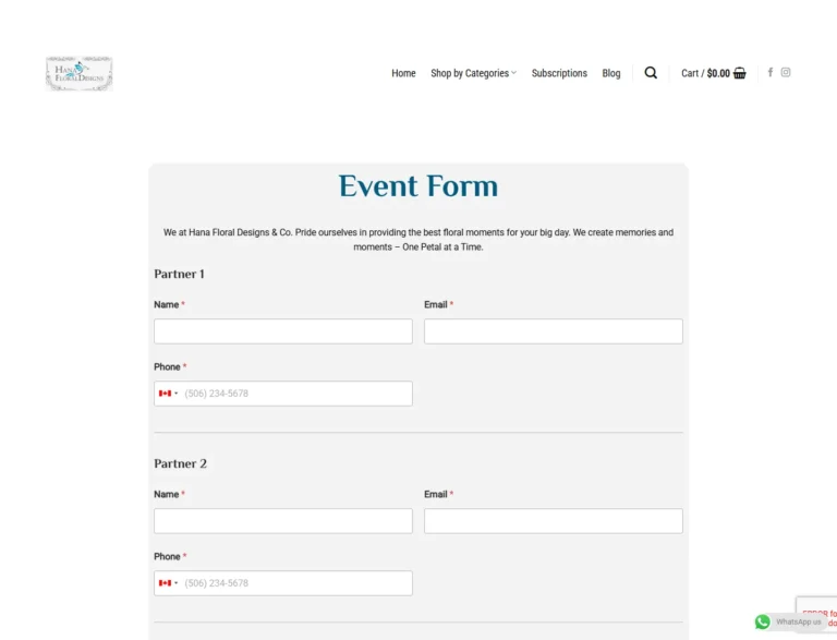 Hana Floral Designs Event Form with name, email, and phone fields for two partners plus wedding date and venue fields.