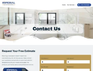 Imperial Renovations contact page showing estimate information and a detailed project enquiry form.