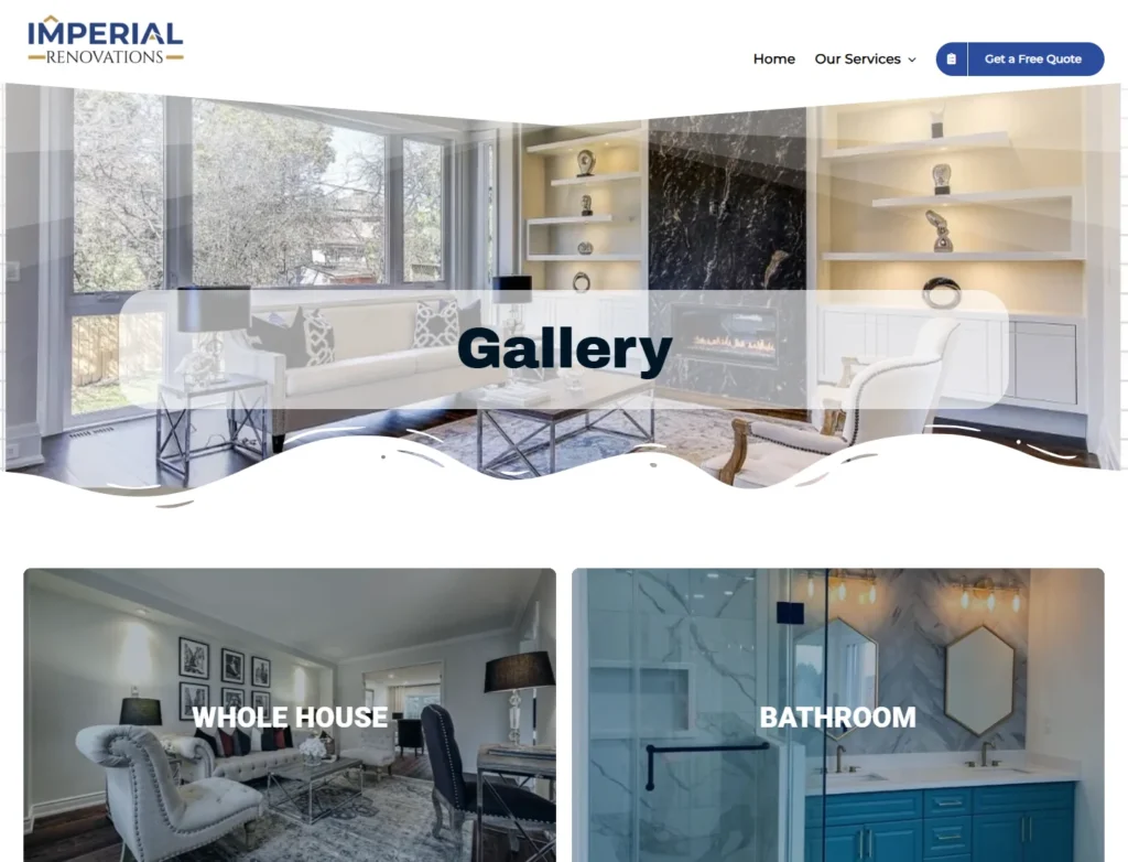Imperial Renovations gallery page showing categorized Whole House and Bathroom project collections.