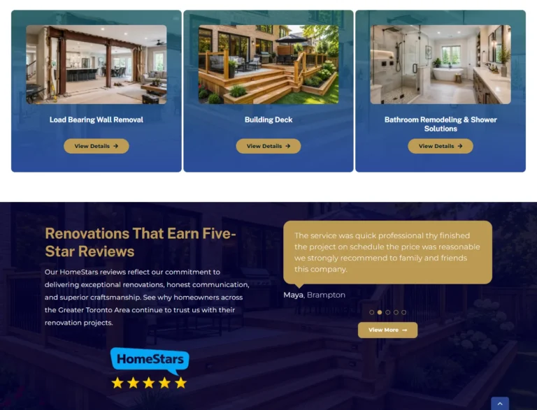 Imperial Renovations homepage review section with a HomeStars logo, client-published excerpt, and external profile link.