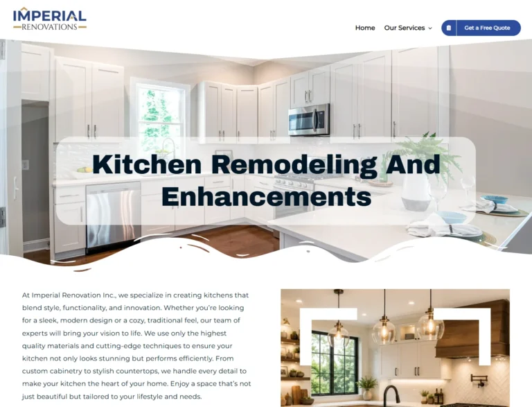 Imperial Renovations kitchen remodeling service page with kitchen imagery and project-focused introductory content.