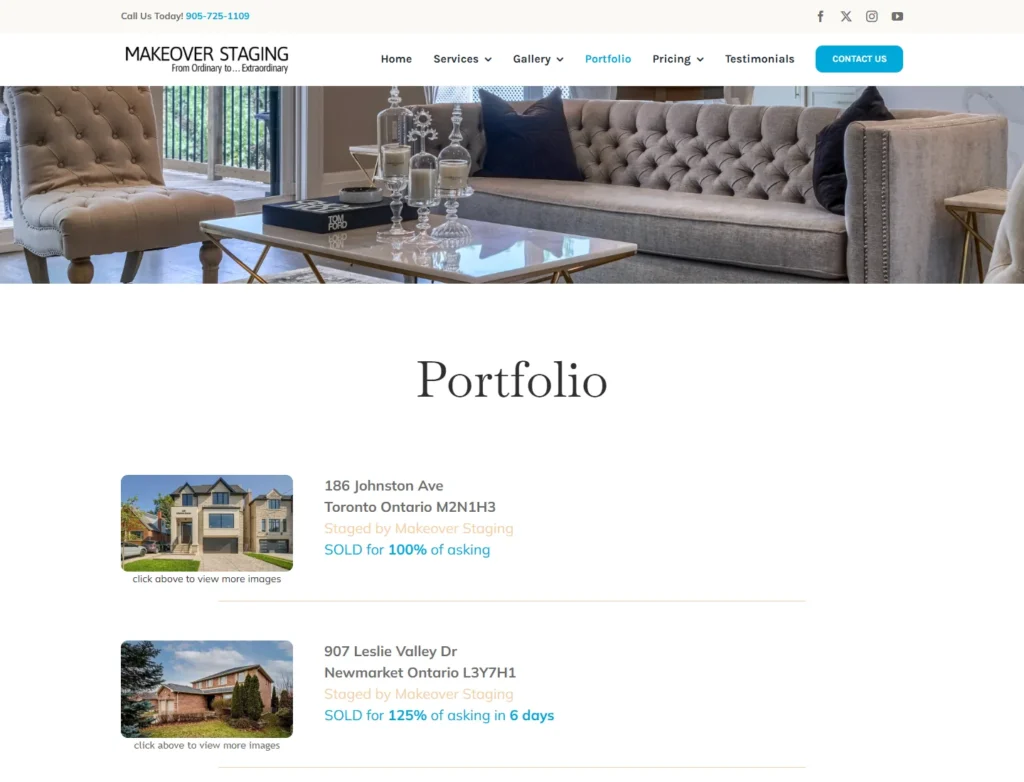 Makeover Staging portfolio page listing staged properties with exterior photographs and client-published result notes.