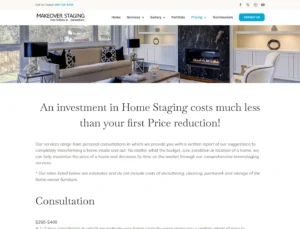 Makeover Staging consultation pricing page with an interior hero image, estimate disclaimer, and consultation details.