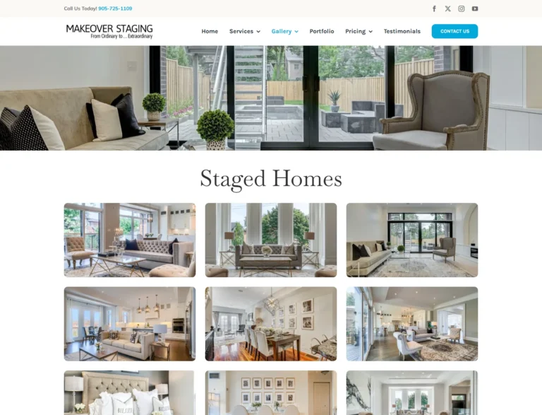 Staged Homes gallery displaying a grid of professionally staged living, dining, kitchen, and bedroom interiors.