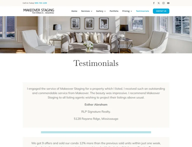 Makeover Staging testimonials page with a staged living-room hero and published client feedback.