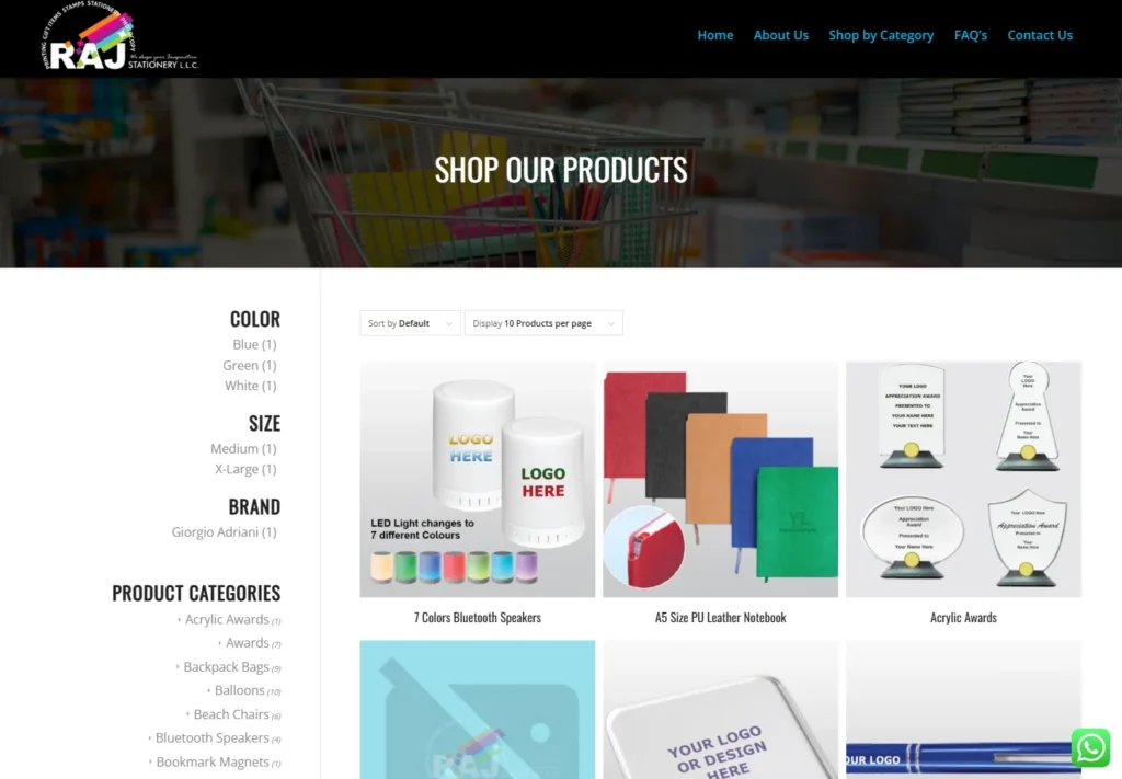 Raj Stationery product catalogue with product grid, filters and category navigation
