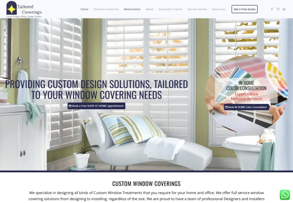 Tailored Coverings website displayed on desktop