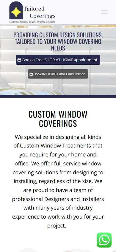 Tailored Coverings website displayed on mobile