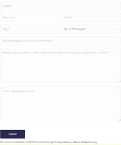 Tailored Coverings quote request form asking for location, window count and measurements