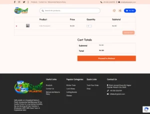 Saify Plastic cart showing a floral-print knife, published price, quantity, subtotal, cart total, and Proceed to checkout action.
