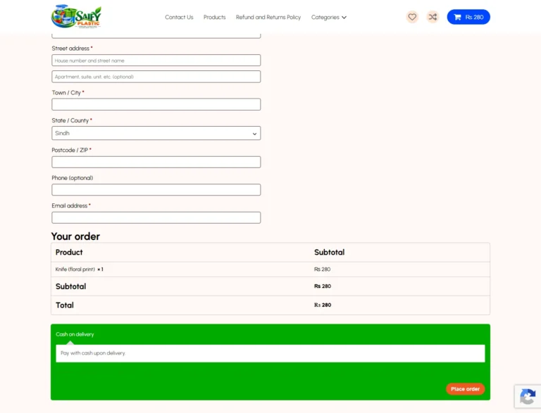 Saify Plastic checkout with billing fields, order summary, total, Cash on Delivery notice, and Place order button.