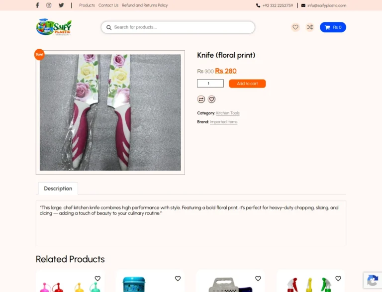 Saify Plastic product page for a floral-print knife with sale pricing, quantity control, Add to cart action, category, brand, and description.