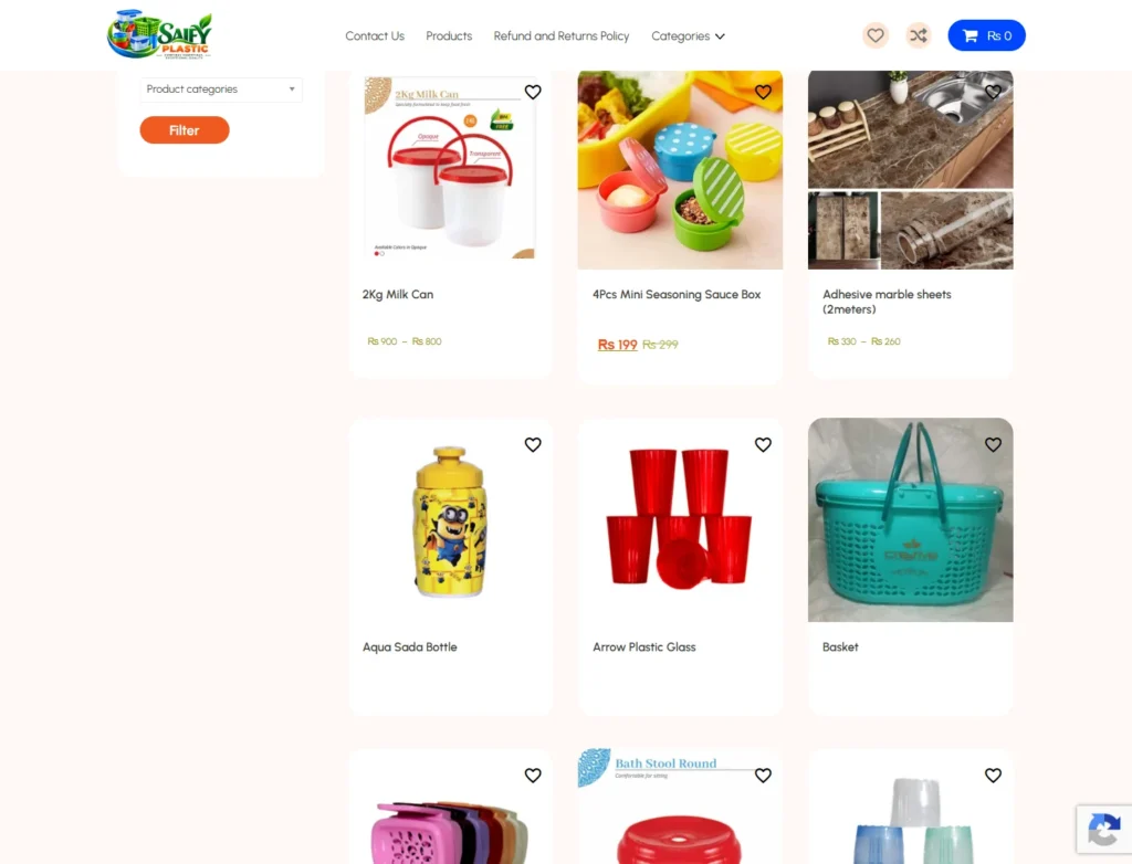 Saify Plastic shop page showing product filters and a multi-column catalogue of household plastic products with published prices.