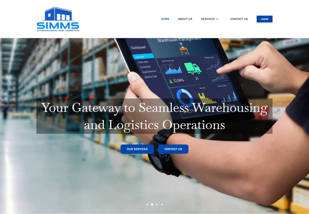 SIMMS Warehousing and Logistics website displayed on desktop