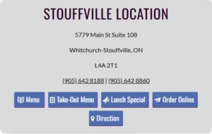Stouffville location card with menu, takeout, lunch special, online ordering and directions actions
