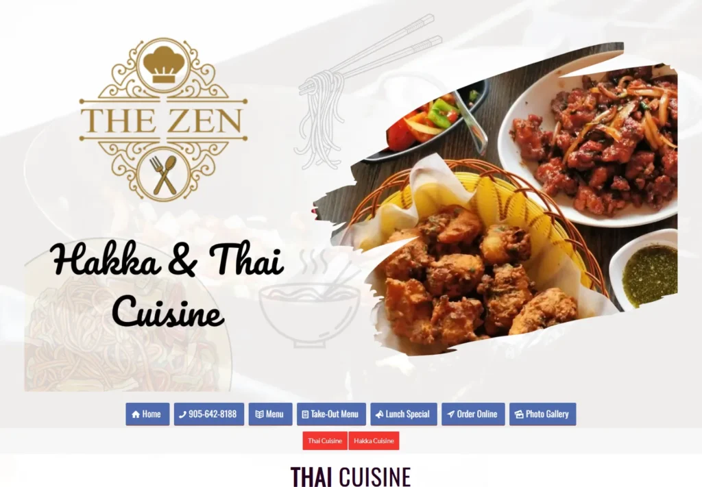 THE ZEN Stouffville Hakka and Thai menu page with ordering navigation