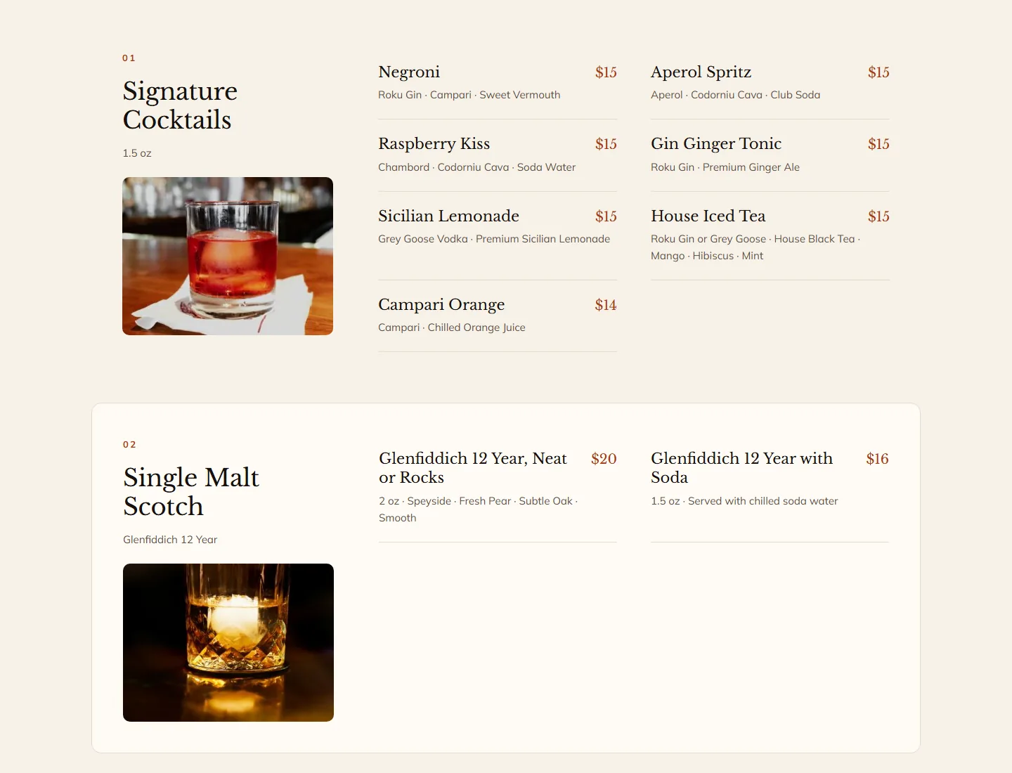UTSAV drinks and cocktails menu web page with drink categories, ingredients and prices