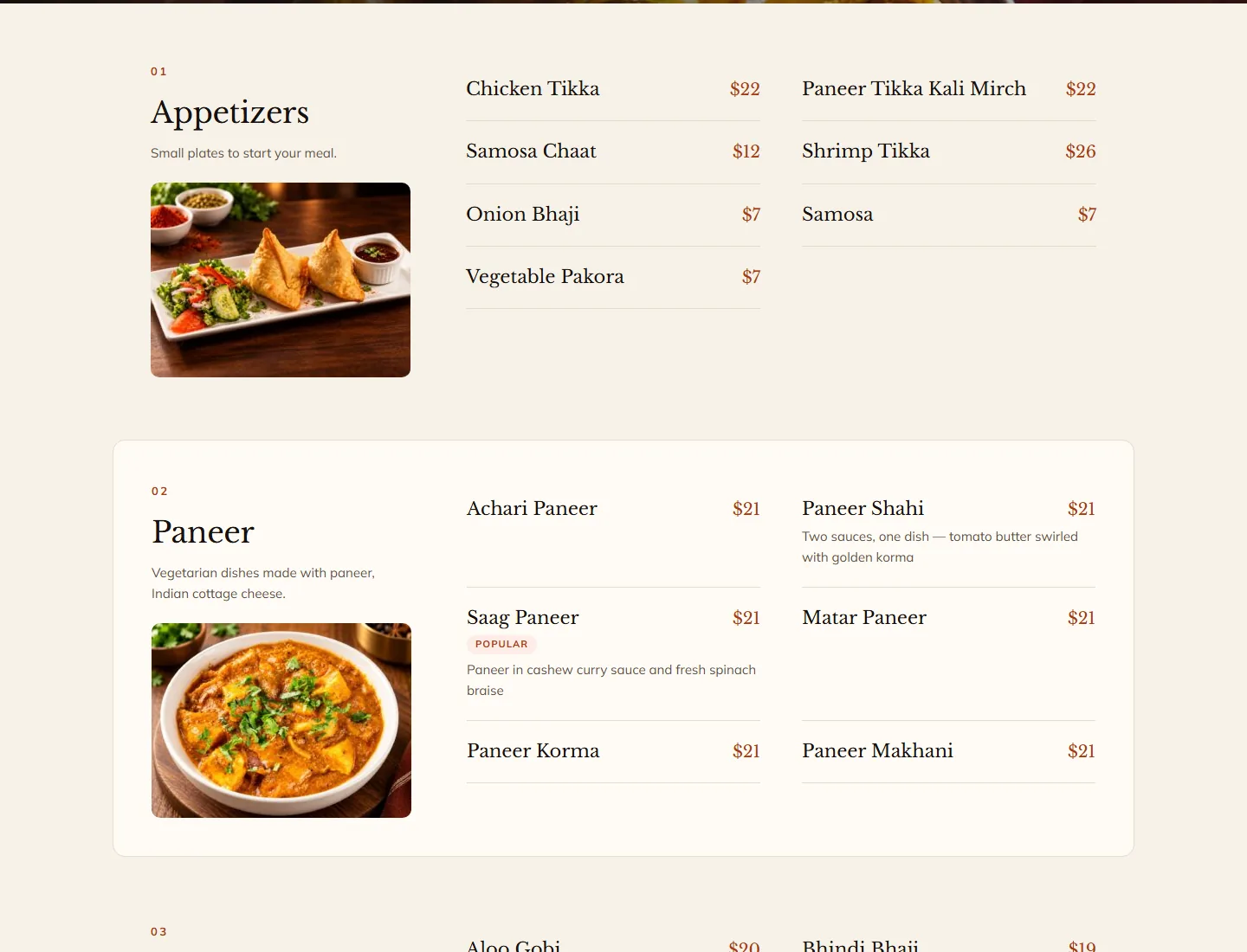 UTSAV dinner menu web page showing the Appetizers and Paneer categories with dish names, descriptions and prices