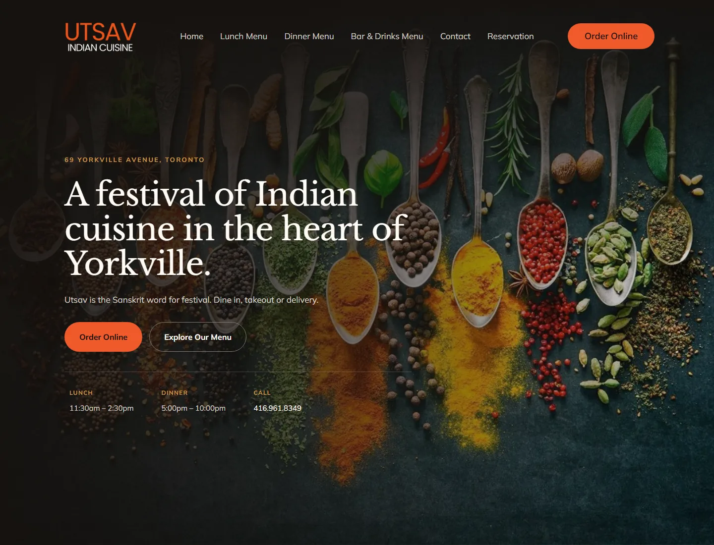 UTSAV Indian Cuisine homepage on desktop with the headline A festival of Indian cuisine in the heart of Yorkville, Order Online and Explore Our Menu buttons, and lunch and dinner hours