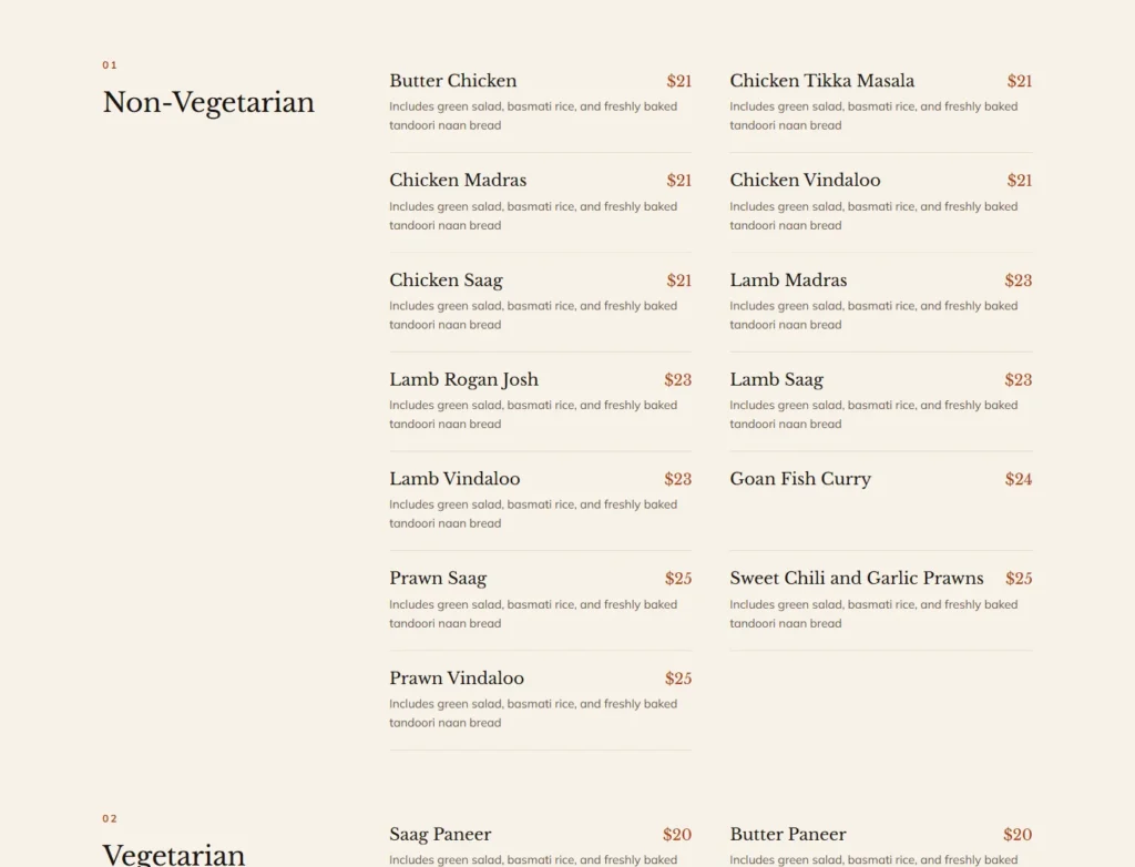 UTSAV lunch menu web page listing non-vegetarian lunch dishes with prices and what each main includes