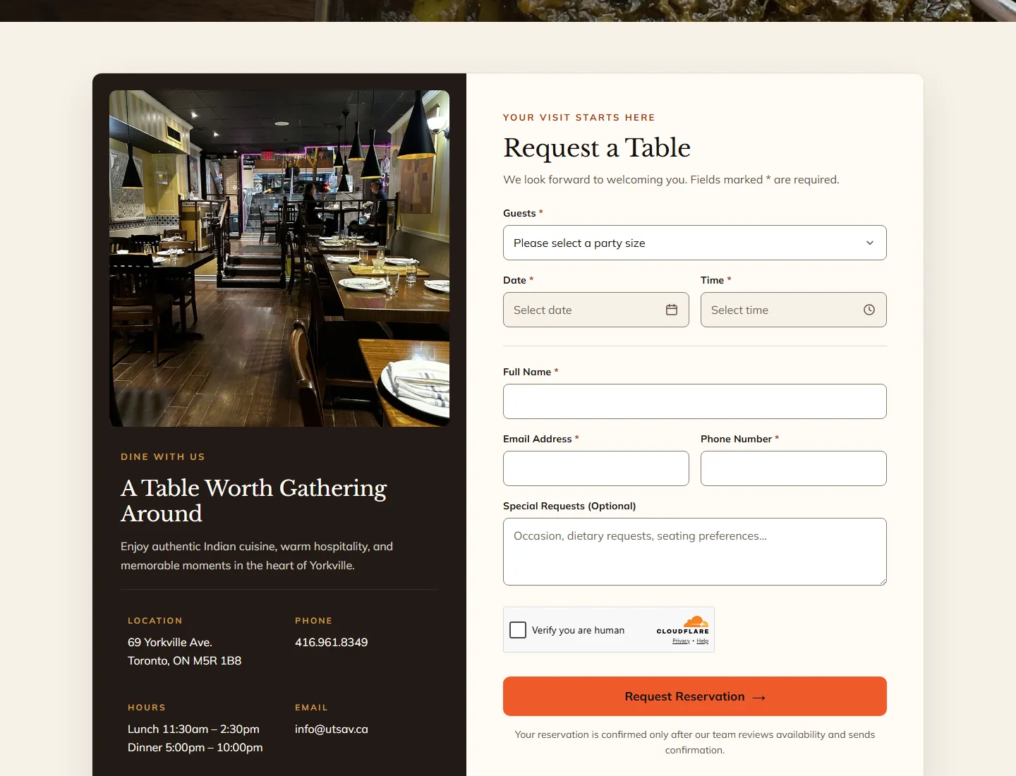 UTSAV Request a Table form with guests, date, time, name, email, phone and special requests fields beside a photo of the dining room and the restaurant’s visit details